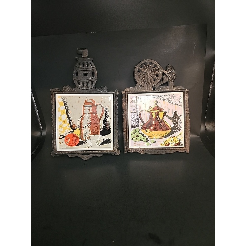 Set Of 2 Enesco Vintage Cast Iron Trivets W/Tile Centers Kettle & Pitcher Scenes